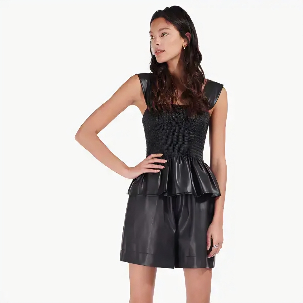 STAUD Black Faux Leather Smocked Peplum Tank Top Womens Size XS